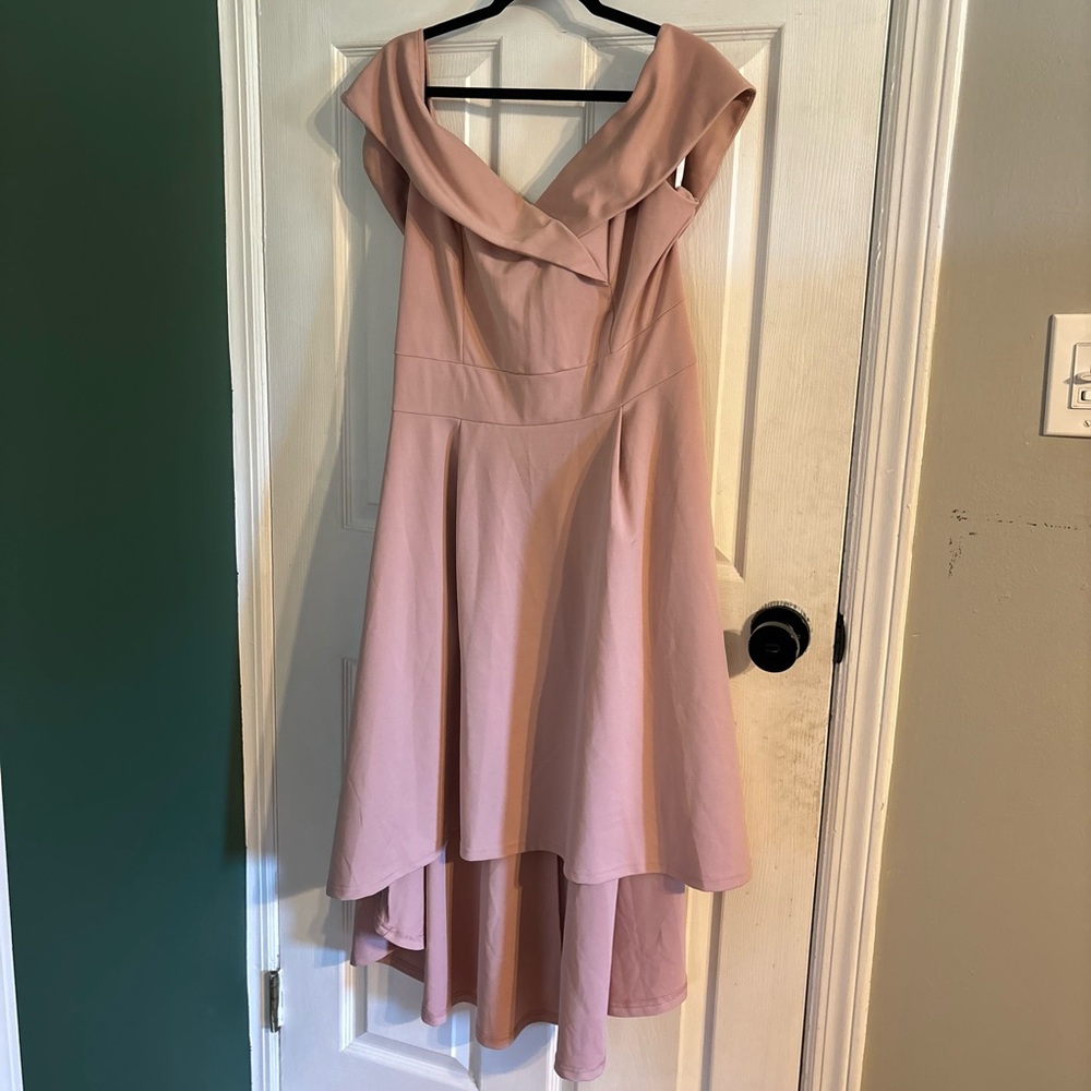 pink off the shoulder midi dress